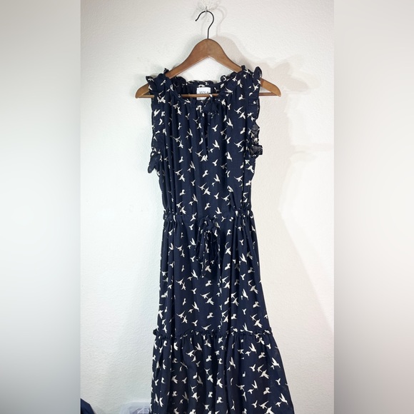 MISA Los Angeles Martina Midi Dress Navy Birds Sz L - Picture 2 of 9